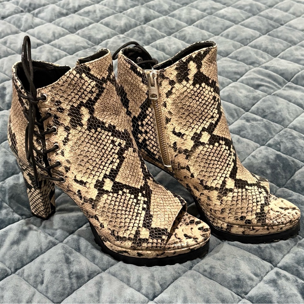 Women’s size 8, All Saints Snakeskin Ankle Peep Toe Boots